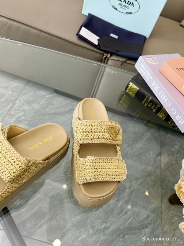 2025 Prada Beige Raffia Slippers LY00290