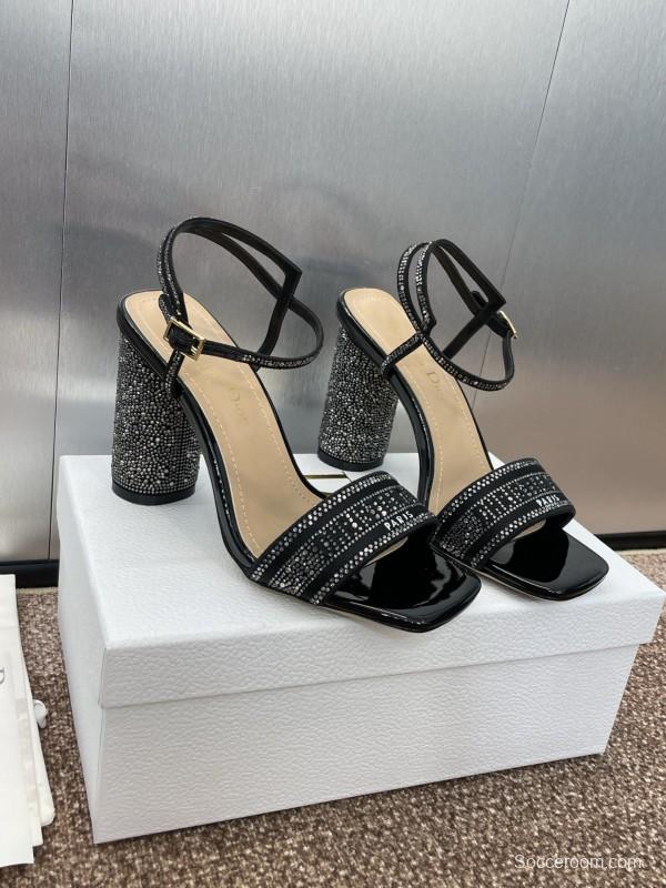 2025 Women Dior Black Patent Leather Crystal High Heel Sandals KFY00320
