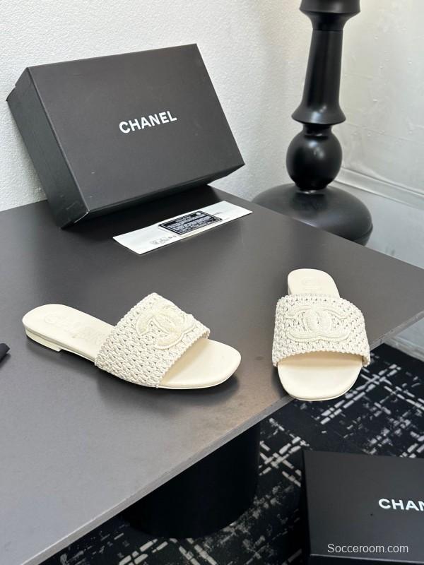 2025 CHANEL White Knit Leather Slippers LY00250