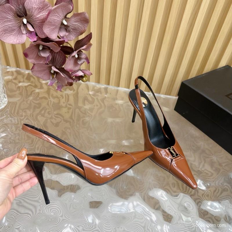 2025 Women Yves Saint Laurent Brown Patent Leather Slingback Heels