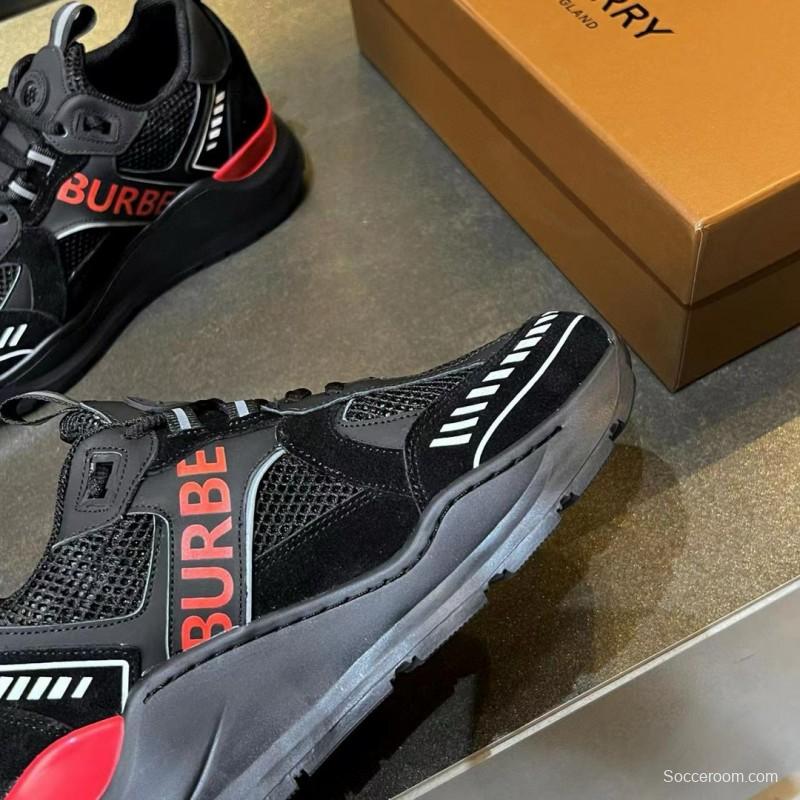 2025 Unisex Burberry Black Red Mesh Suede Leather Sneakers