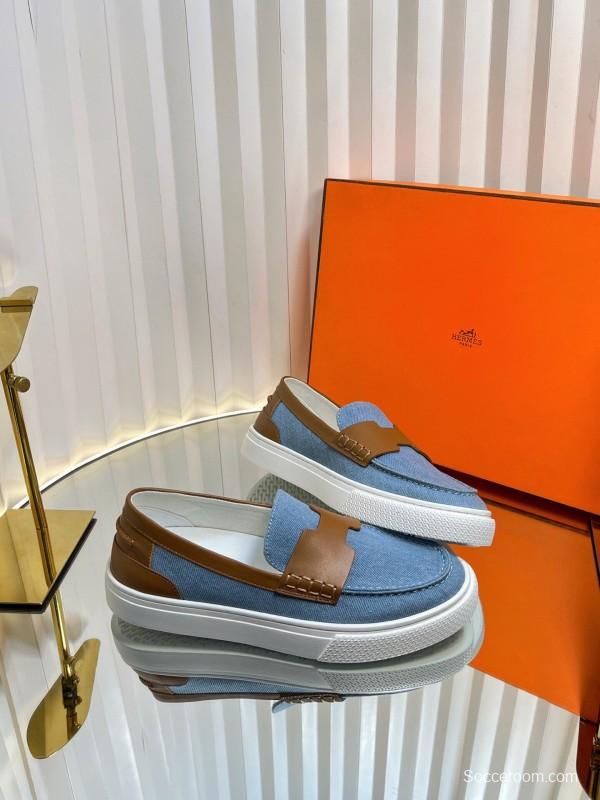 2025 Women Hermès Blue Brown Leather Canvas Loafer LY00310