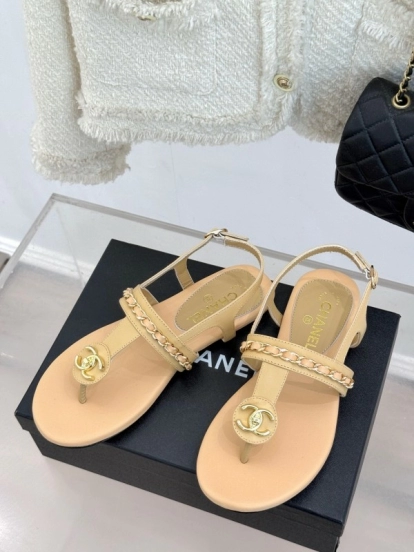 2025 Women Chanel Apricot Leather Sandals KFY00250