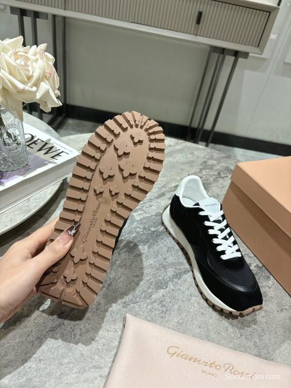 2025 Women Gianvito Rossi Black White Leather Mesh Sneakers