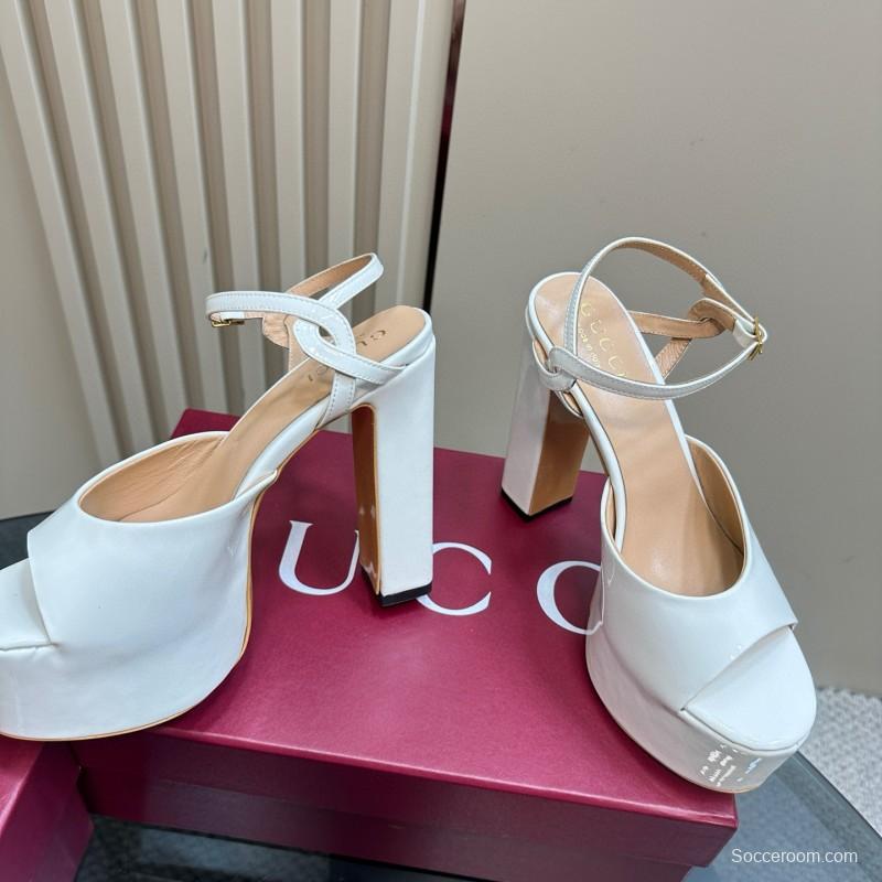 2025 Women Gucci White Leather Platform Sandals