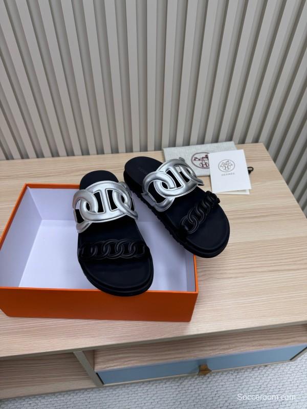 2025 Slippers Hermès Silver Black Leather Chain Decoration