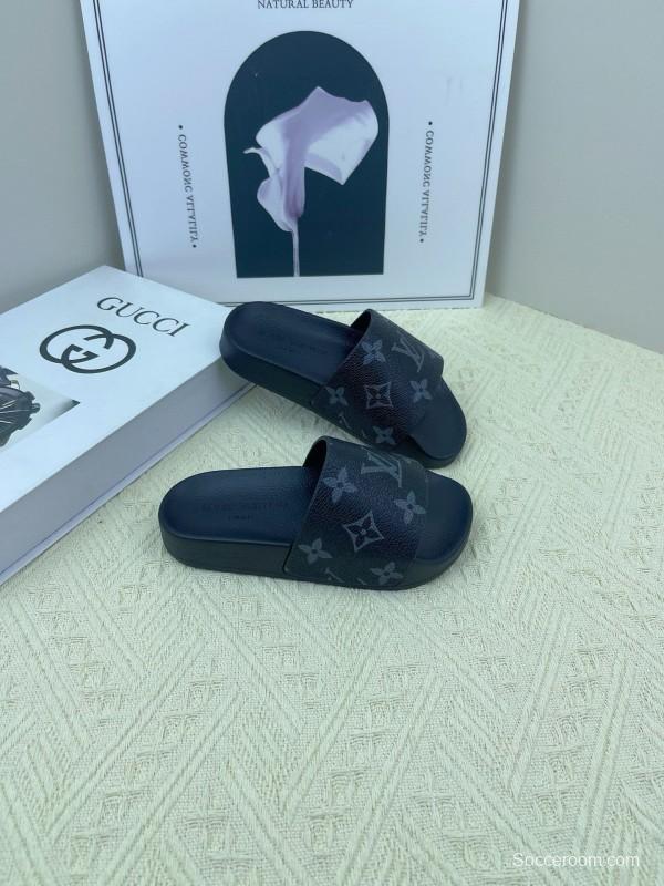2025 Kids Louis Vuitton Brown Black Leather Slippers