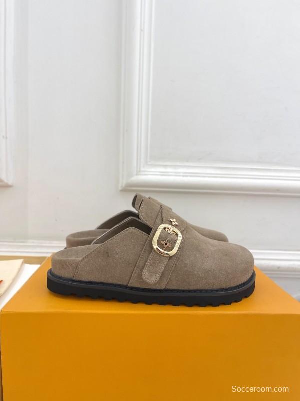 2025 Women Louis Vuitton Brown Suede Slippers Flower Buckle KFY00300