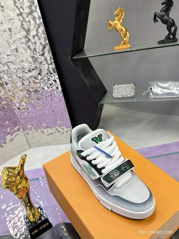 2024 Unisex Louis Vuitton Green White Leather Fabric Plimsolls Waxed Distressed Washed MJ00500