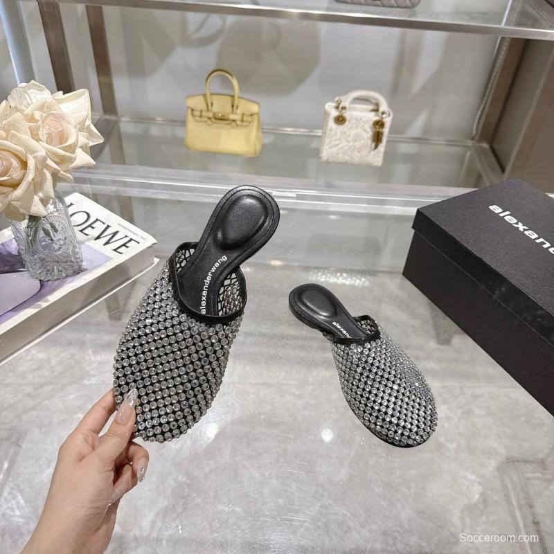 2025 Slippers Alexander Wang Black Crystal Mesh Leather Slippers LY00310