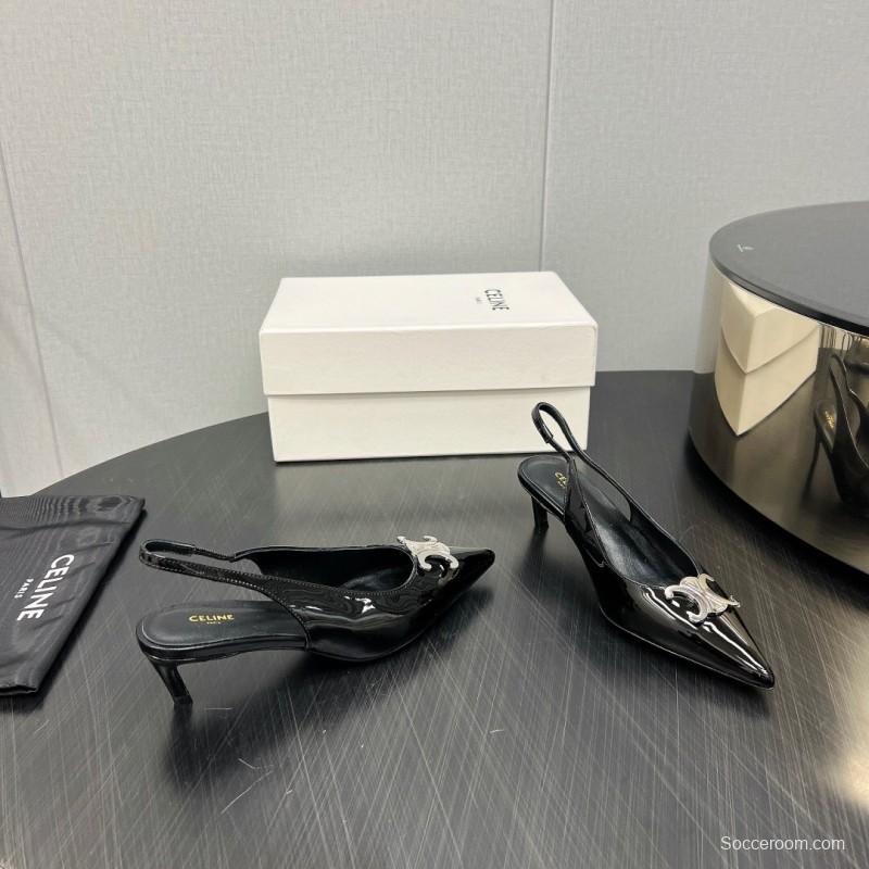 2025 Women Celine Black Patent Leather Slingback Heels KFY00290