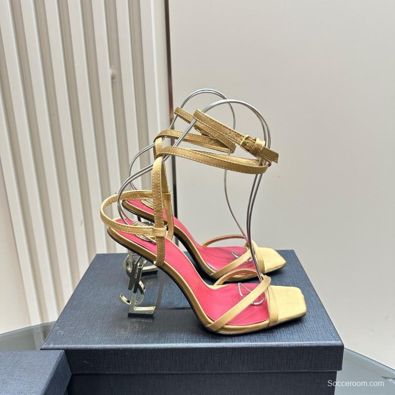 2025 Women Yves Saint Laurent Yellow Silk Strappy Heels