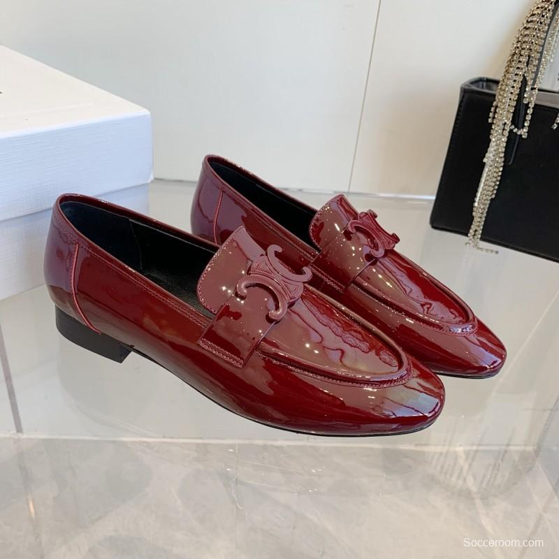 2025 Women CELINE Burgundy Patent Leather Loafers