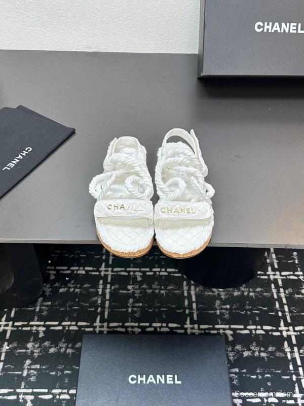 2025 Women Chanel White Leather Roped Espadrille Sandals LY00260