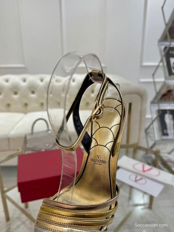 2025 Women Valentino Gold Leather Sandals LY00310