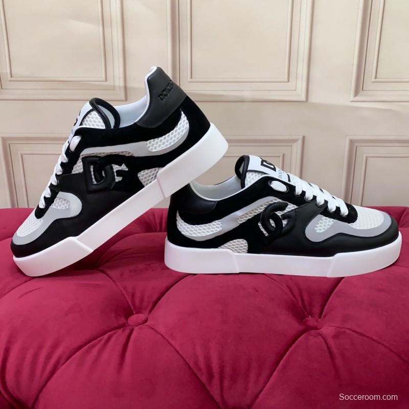 2025 Unisex Dolce & Gabbana Black White Mesh Leather Sneakers