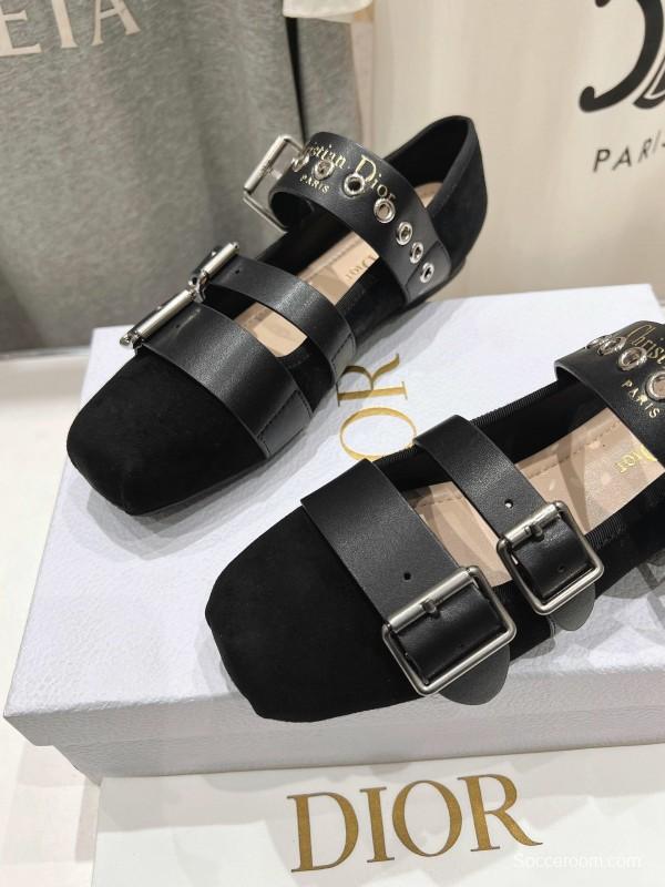 2025 Women Dior Black Leather Suede Mary Jane Buckle KFY00300