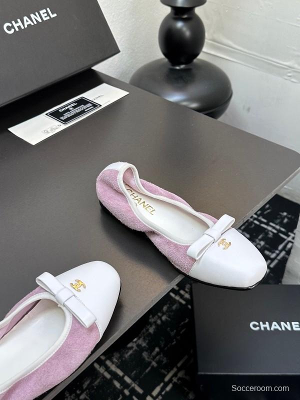 2025 Women CHANEL White Purple Leather Bow Ballet Flats Unisex LY00360(F)