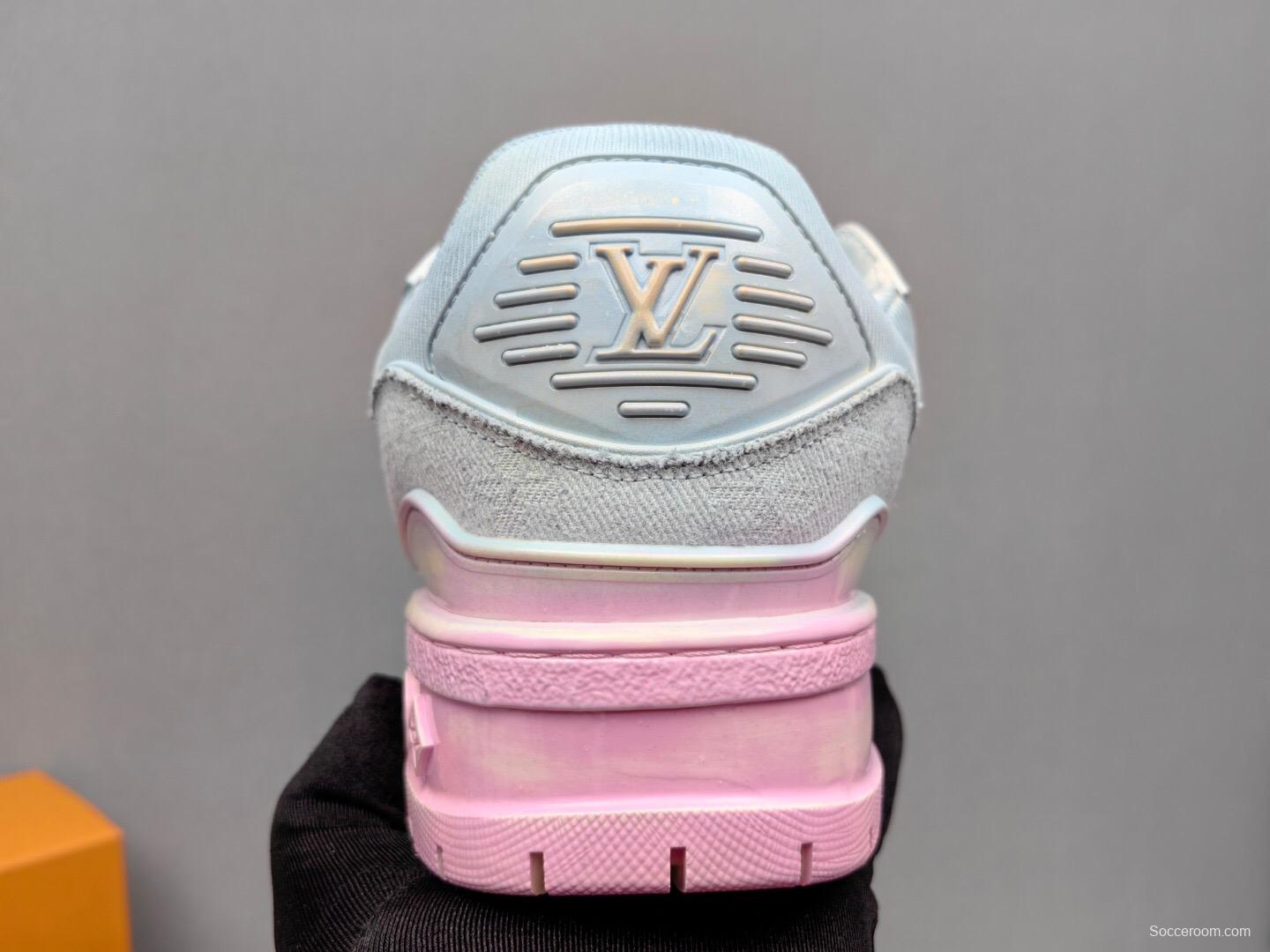 2025 Unisex Louis Vuitton Pink Grey Denim Sneakers KFY00510