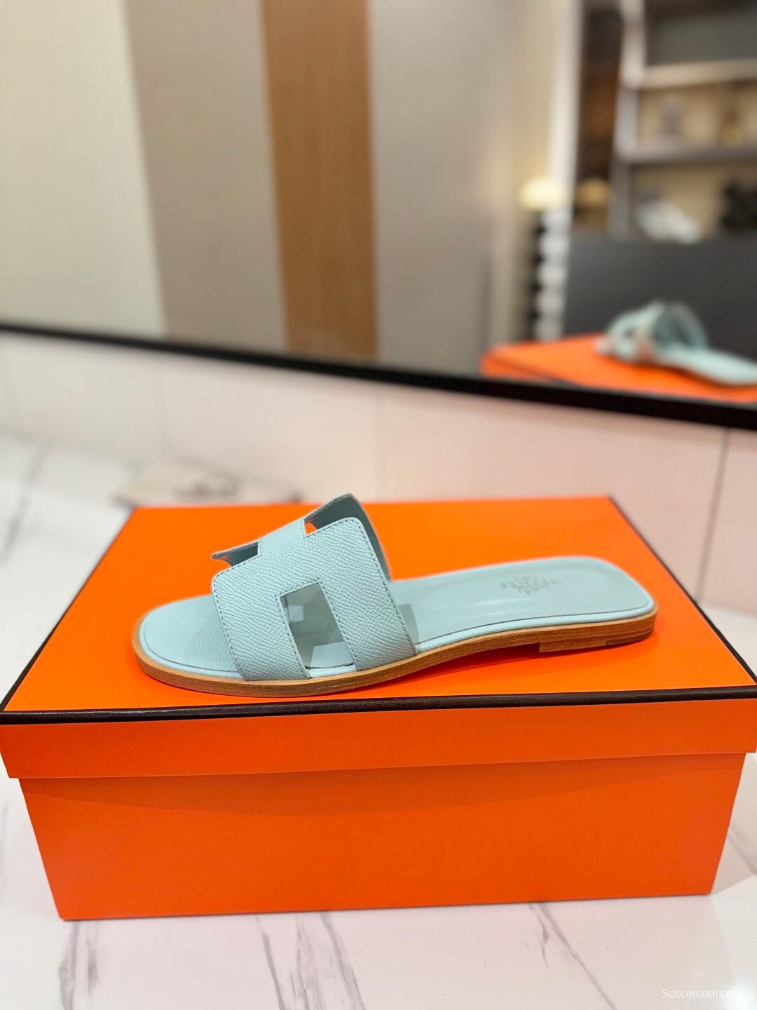 2025 Women Hermès Light Blue Leather Slippers