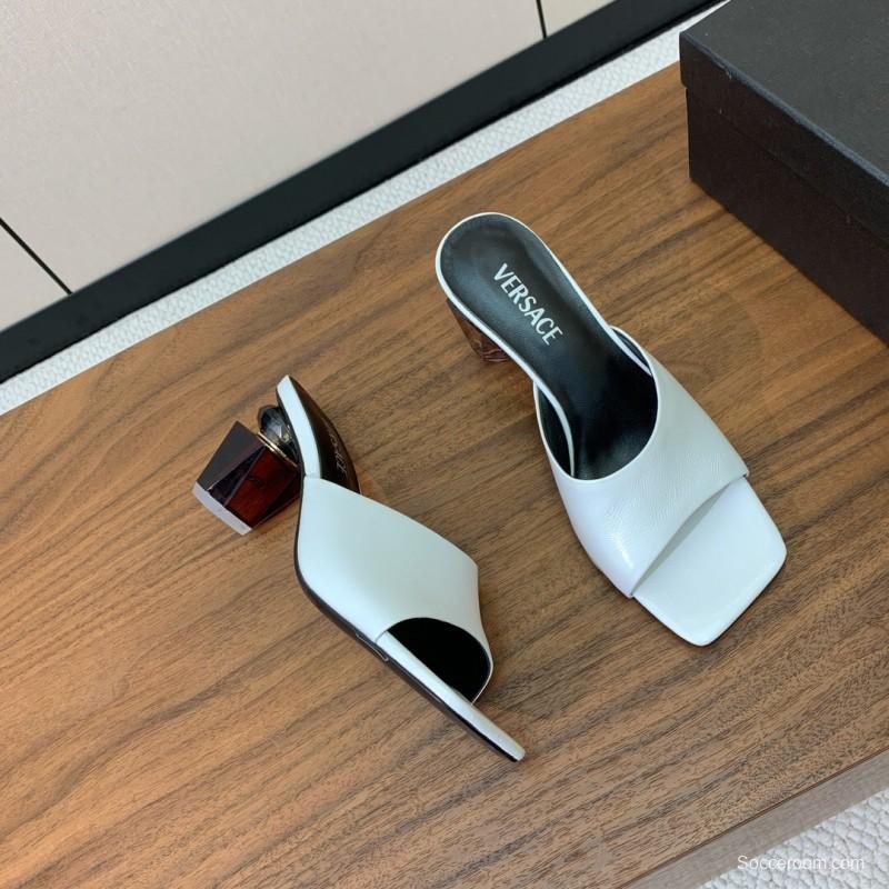 2025 Women VERSACE White Leather Slippers