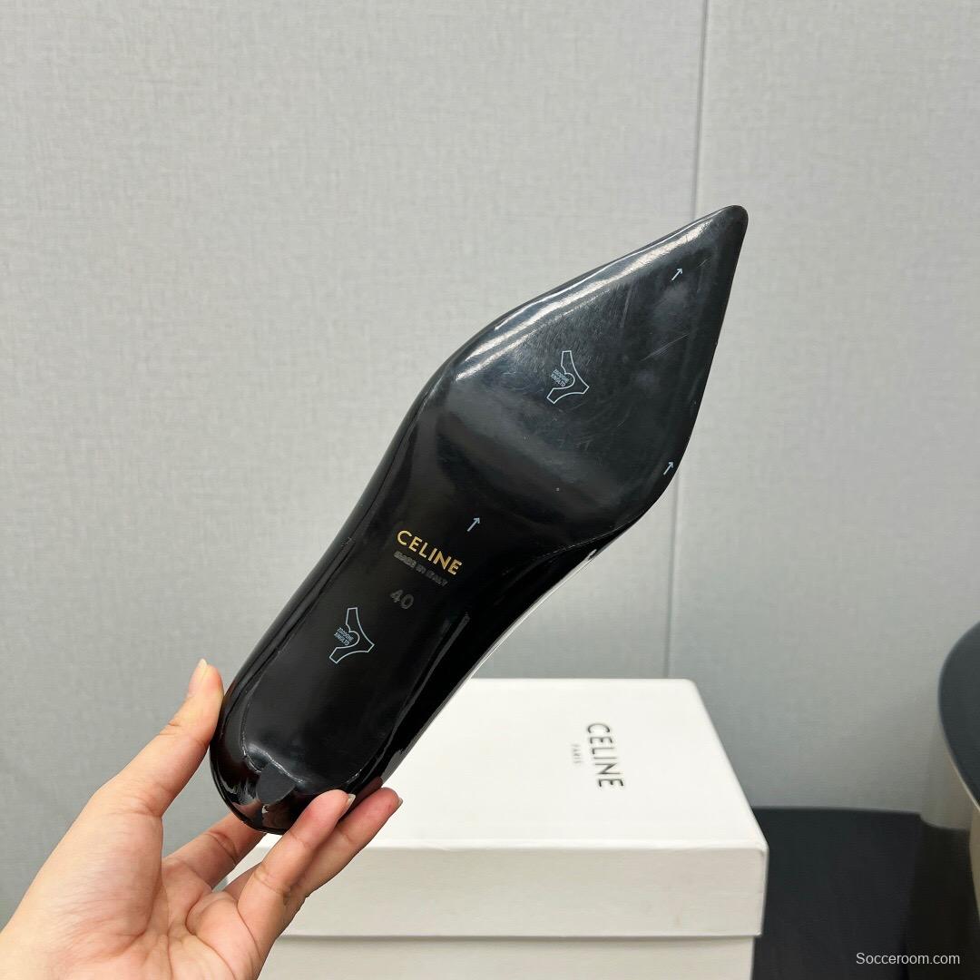 2025 Women Celine Black Patent Leather Pointed Toe Buckle Pumps KFY00290