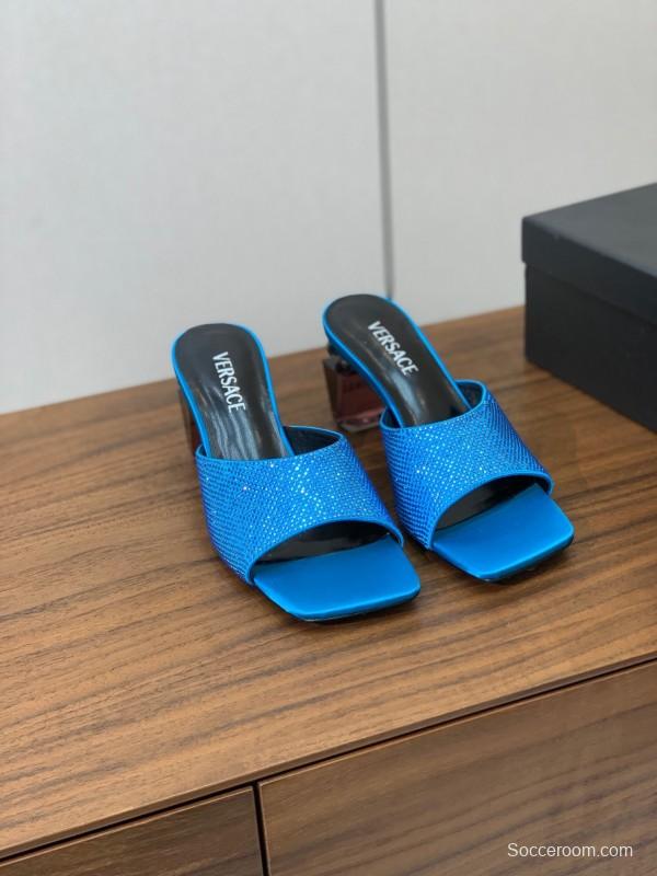 2025 Women VERSACE Blue Satin Slippers