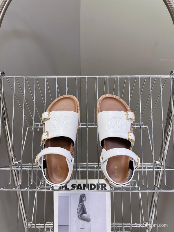 2025 Women Celine White Leather Sandals Buckle KFY00280