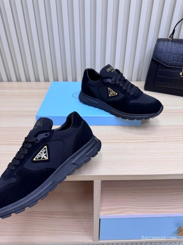 2025 Women Prada Black Suede Nylon Sneakers LY00300