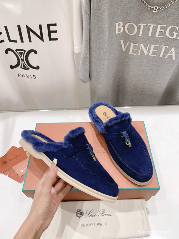 2024 Women Le Parmentier Blue Suede Shearling Loafers