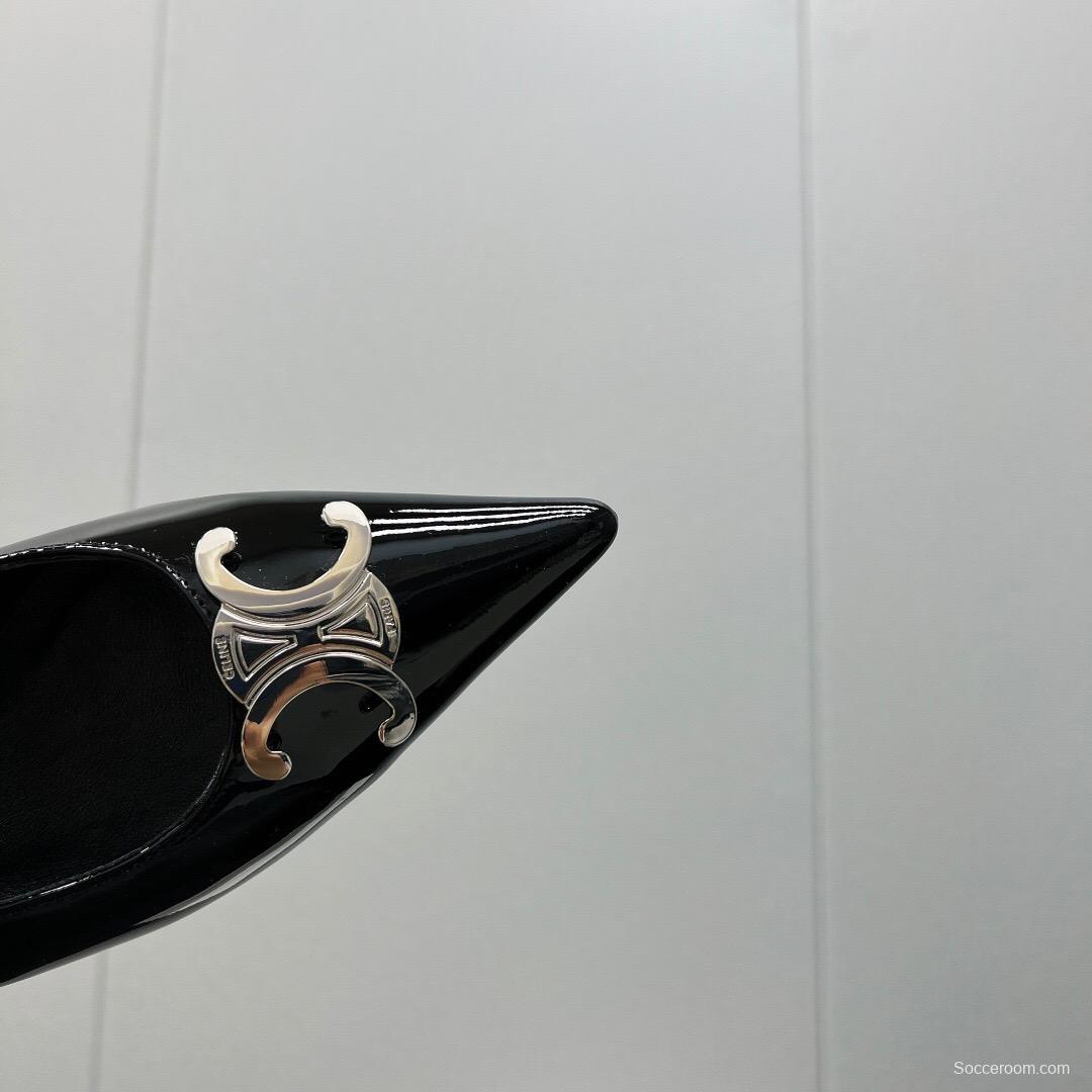 2025 Women Celine Black Patent Leather Slingback Heels KFY00290