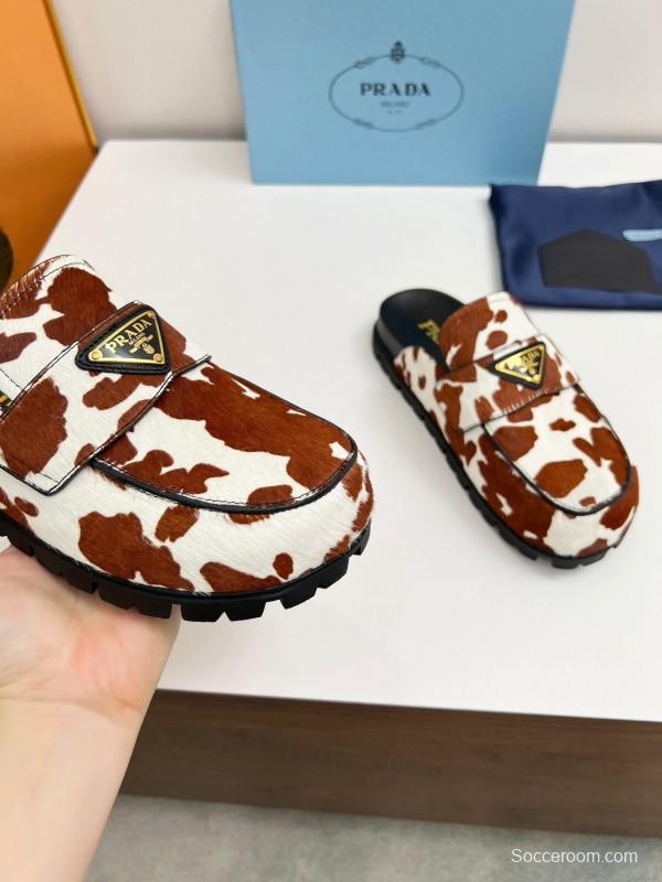 2025 Women Prada Brown White Cowhair Leather Slippers LY00270