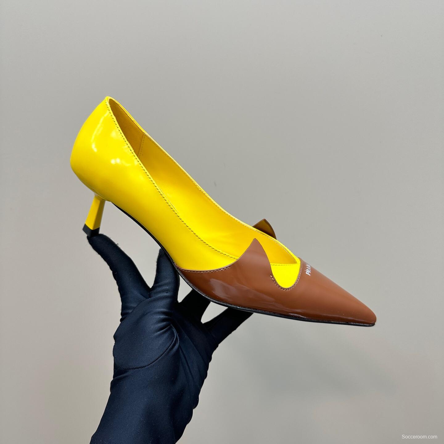 2025 Women Prada Brown Yellow Leather Heels KFY00310