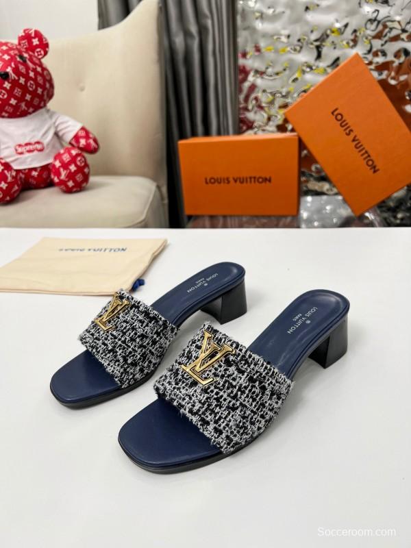 2025 Women Louis Vuitton Navy White Tweed Leather Heeled Sandals LY00220