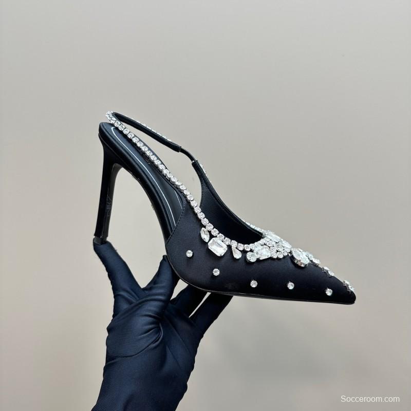 2025 Women Gucci Black Satin Crystal Embellished Slingback Heels
