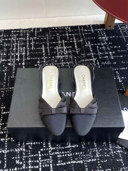 2025 Women Chanel Black Satin Silk Leather Sandals Bow KFY00289