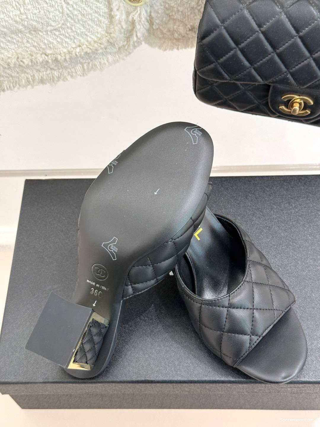 2025 Women Chanel Black Sheepskin Quilted High Heel Sandals