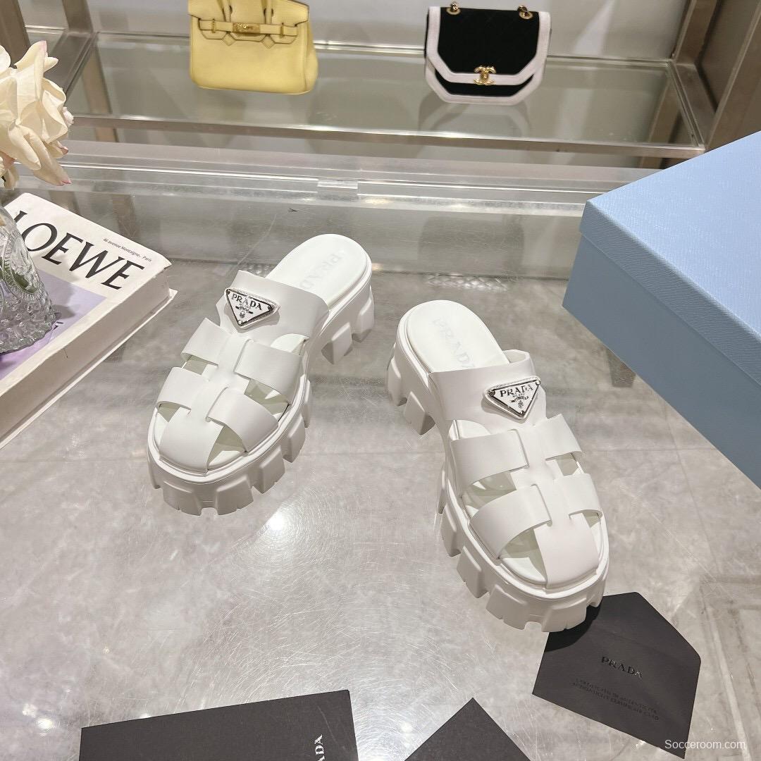 2025 Women Prada White Leather Slippers LY00250