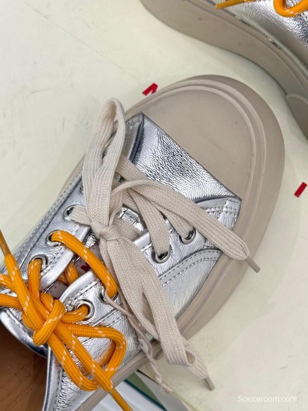 2025 Women Yves Saint Laurent Silver Leather Platform Sneakers With Orange And Beige Laces YSL123(F)