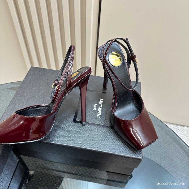 2025 Women Yves Saint Laurent Burgundy Patent Leather Slingback Heels