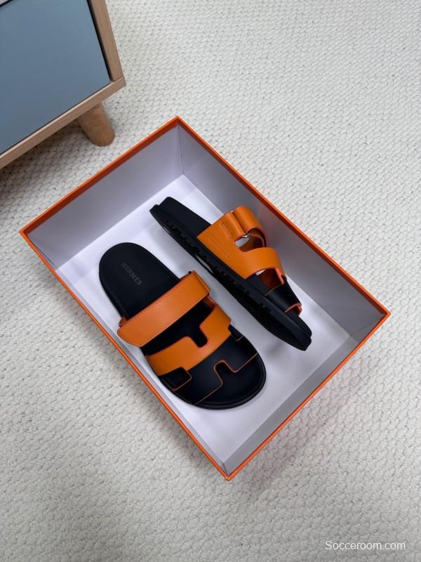 2025 Women Hermès Orange Black Leather Slippers