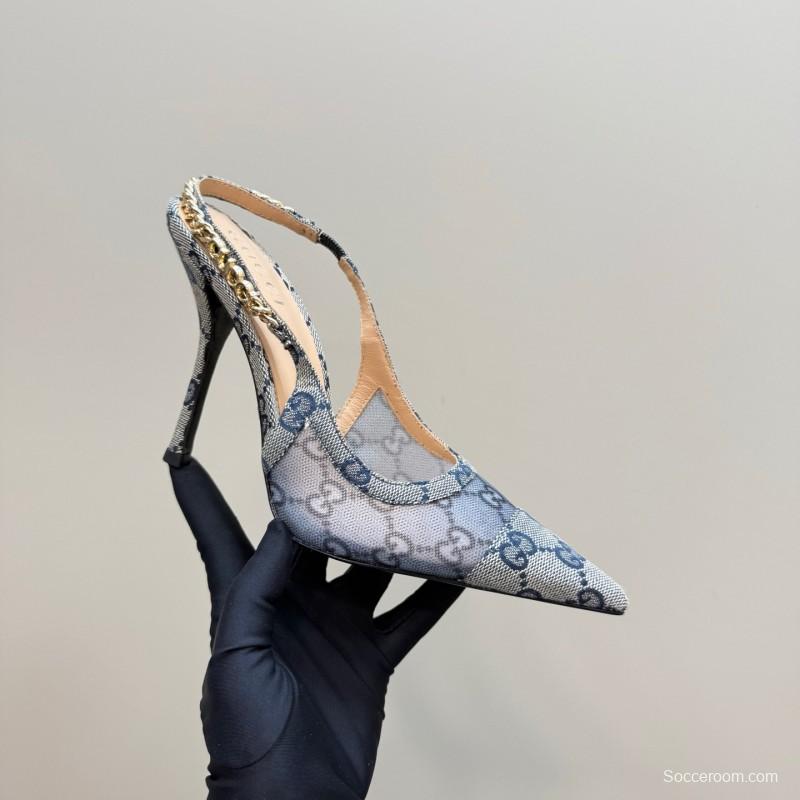 2025 Women Gucci White Mesh Slingback Heels With Crystal Chain Detailing KFY00300(F)