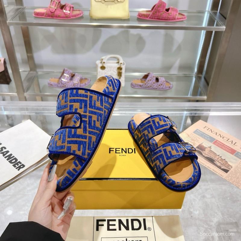2025 Fendi Blue Fabric Leather Slippers MJ00230
