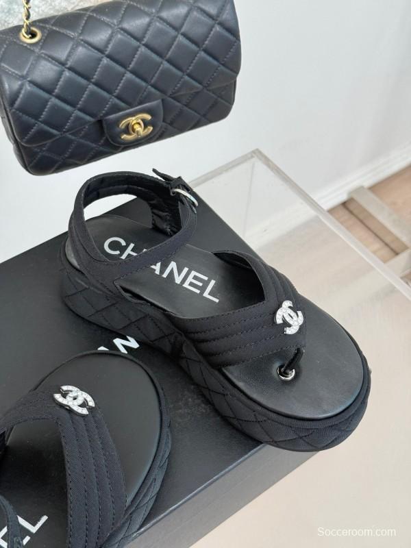 2025 Women Chanel Black Fabric Platform Sandals