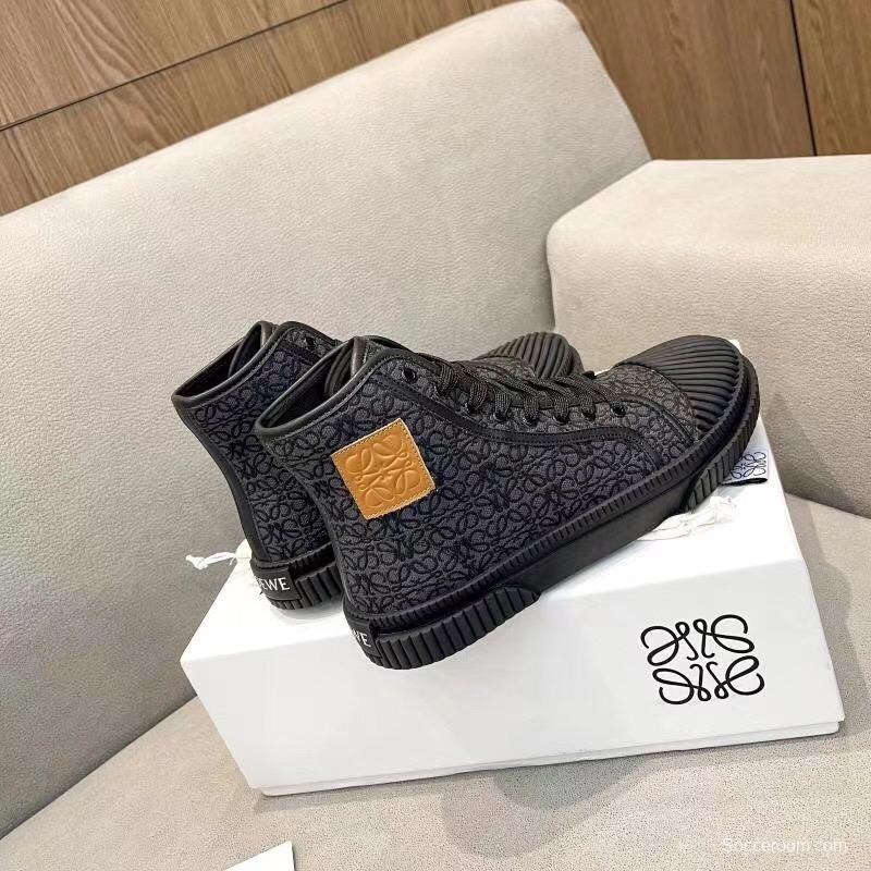 2025 Women Loewe Black Fabric Leather High-Top Sneakers LY00291