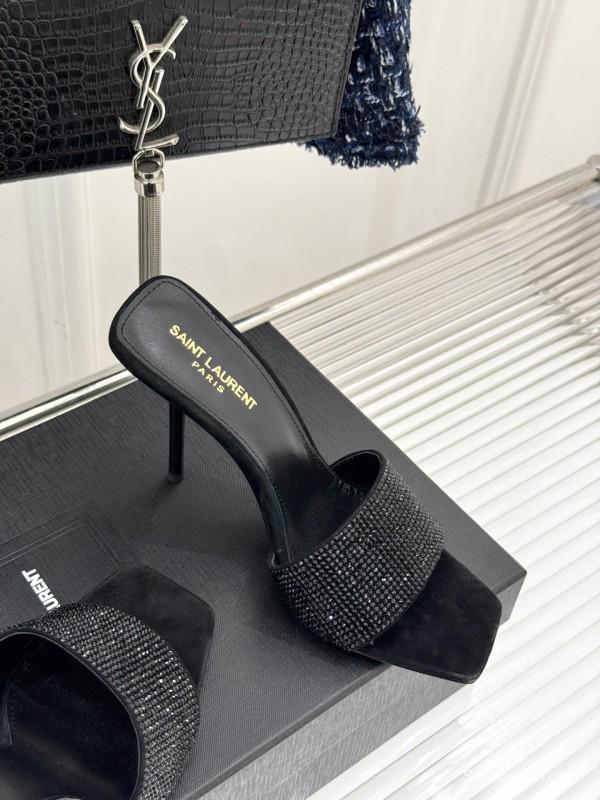 2025 Women Yves Saint Laurent Black Rhinestone Leather High Heel Slippers LY00300