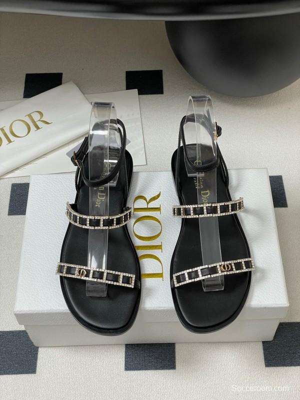 2025 Women Dior Black Crystal Embellished Leather Flat Sandals