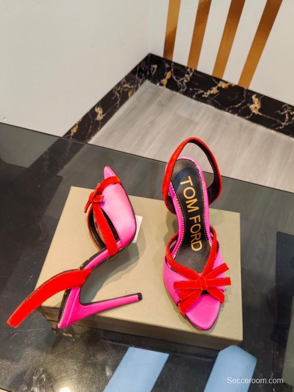 2025 Women TOM FORD Pink Red Velvet Silk High Heel Open Back Sandals
