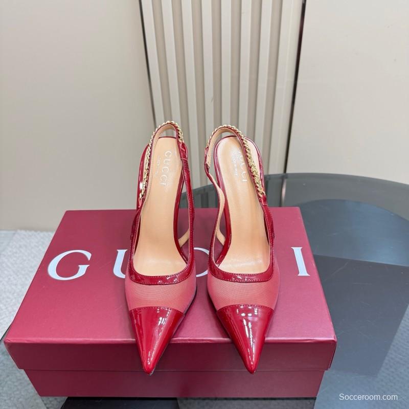 2025 Women Gucci Red Patent Leather Pointed Toe Slingback High Heel Pumps With Chain Detail KFY00300(F)