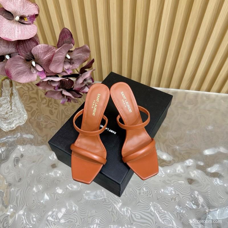 2025 Women Yves Saint Laurent Brown Leather High Heel Sandals Metal Logo MJ00310